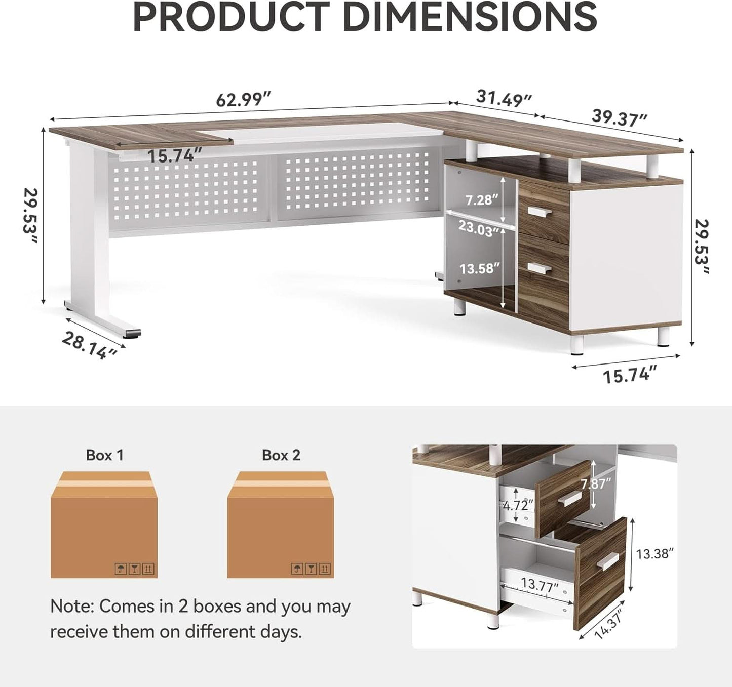 63 Inch L Shaped Computer Desk With File Cabinet For Home Office