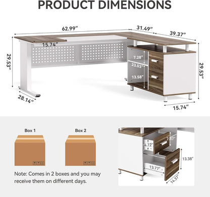 63 Inch L Shaped Computer Desk With File Cabinet For Home Office