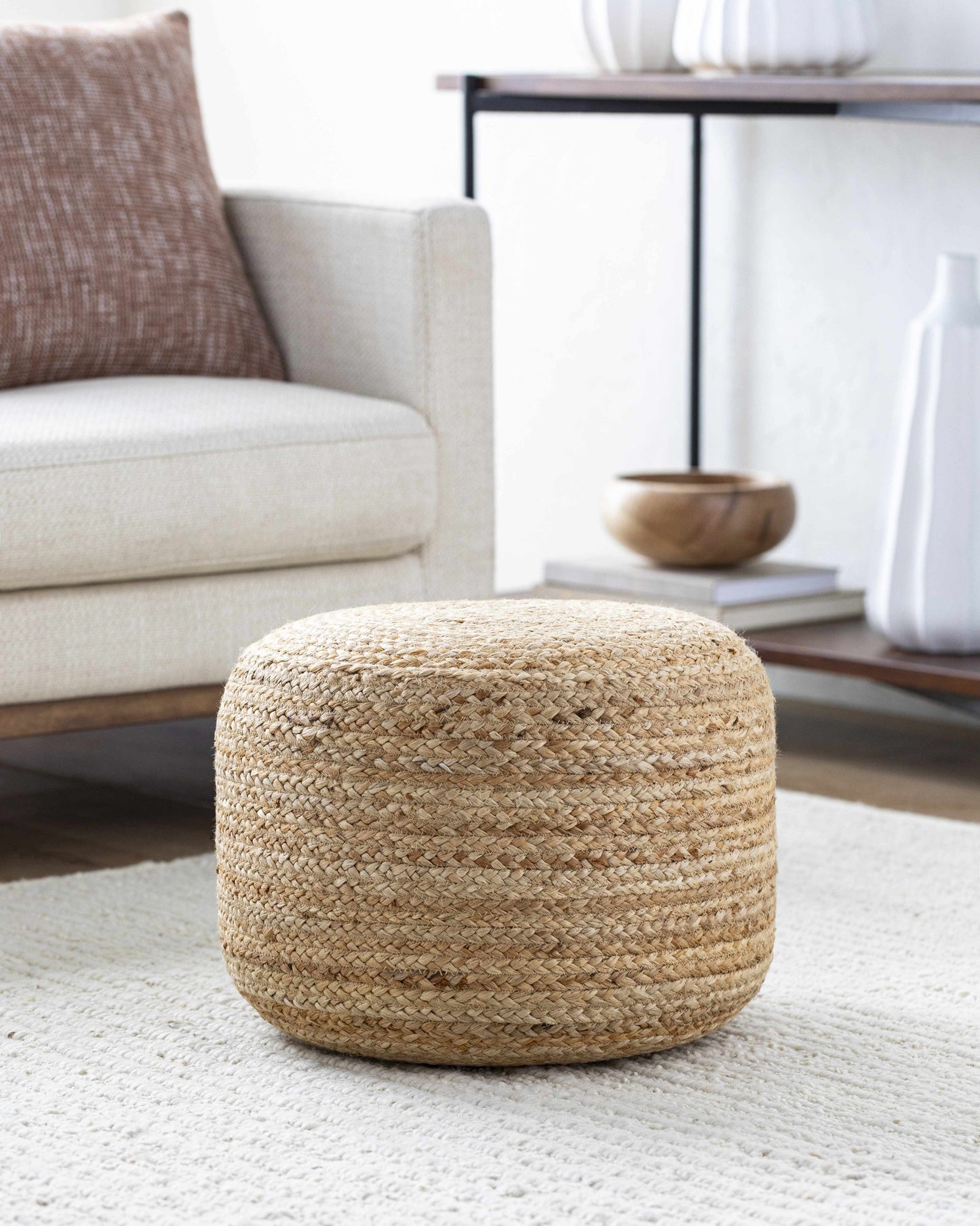 Lavertezzo Brick Red Knitted Beige Cotton Pouf
