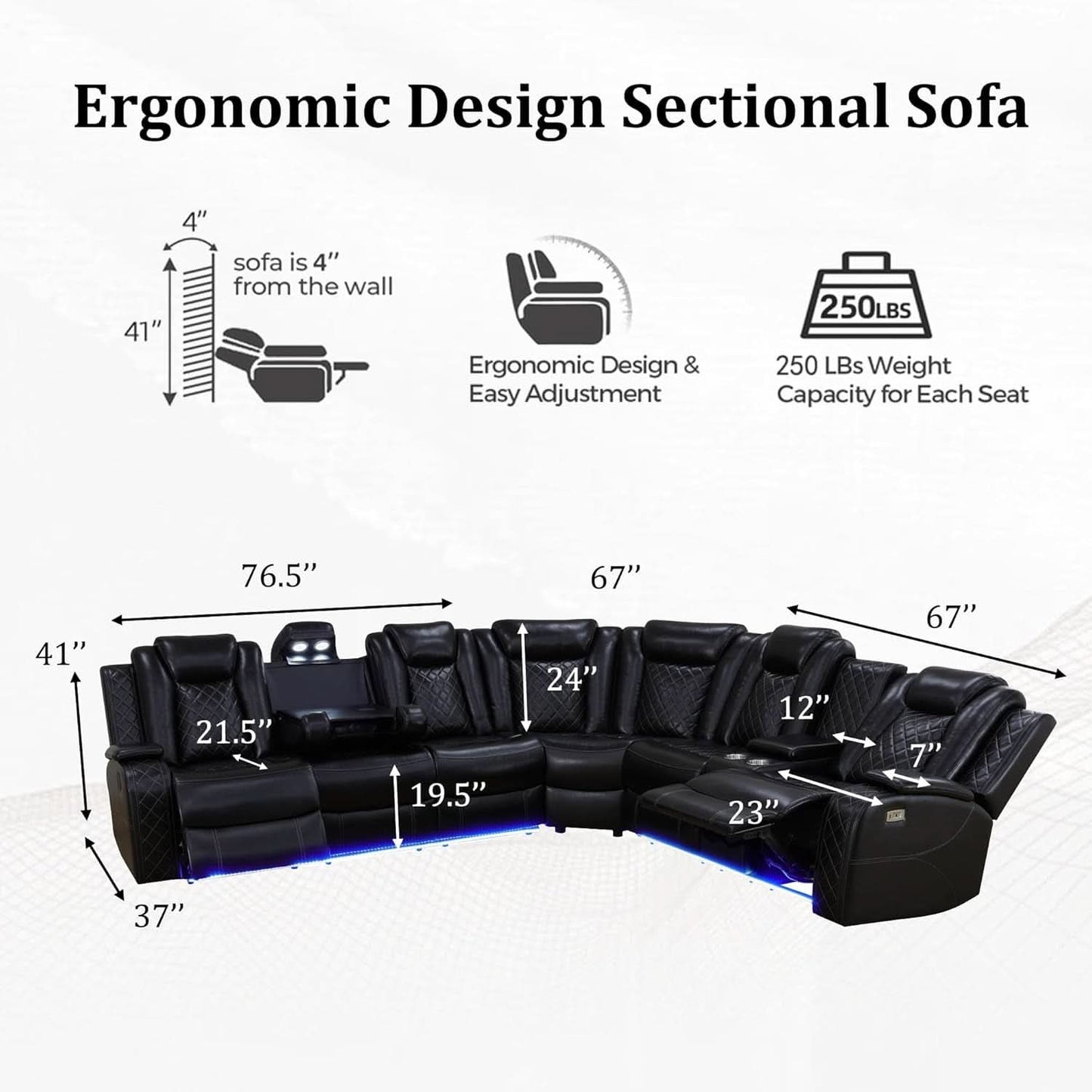 Leather Power Recliner Sectional Sofa with USB Charging