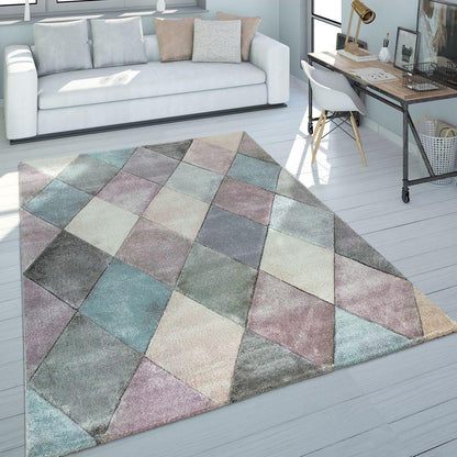 Living Room Rug Colorful Pastel Colors 3D Diamond Pattern