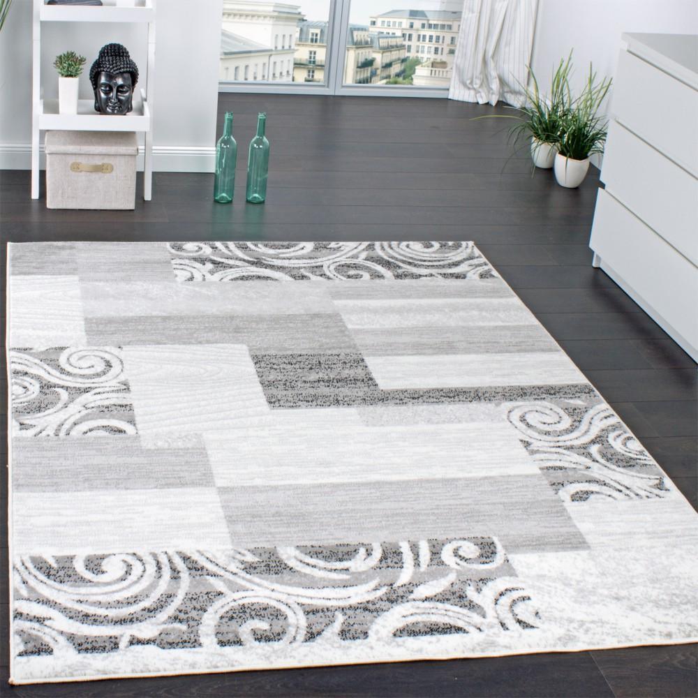 Living Room Rug Low-Pile in Grey White Cream