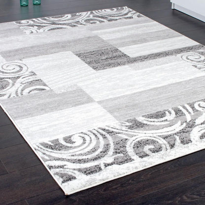 Living Room Rug Low-Pile in Grey White Cream