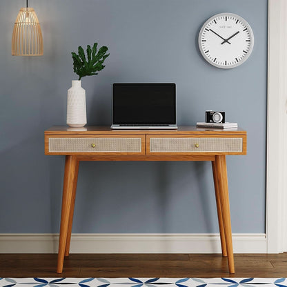 Mid Century Modern Solid Wood Desk With Drawers 45 Inch Rattan Writing Desk