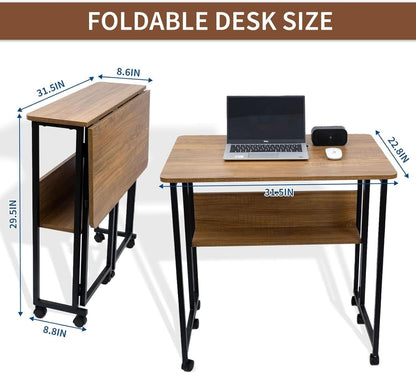 Brown Foldable Computer Desk With Wheels And Storage For Home Office