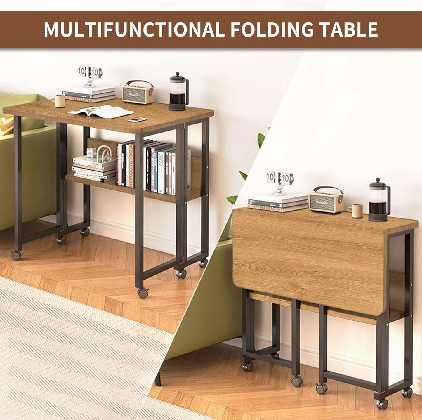 Brown Foldable Computer Desk With Wheels And Storage For Home Office