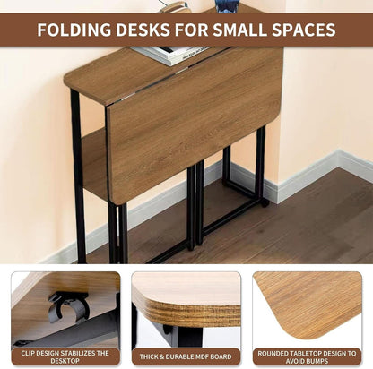 Brown Foldable Computer Desk With Wheels And Storage For Home Office