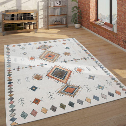 Modern Area Rug Boho Design with colorful Pattern in Cream