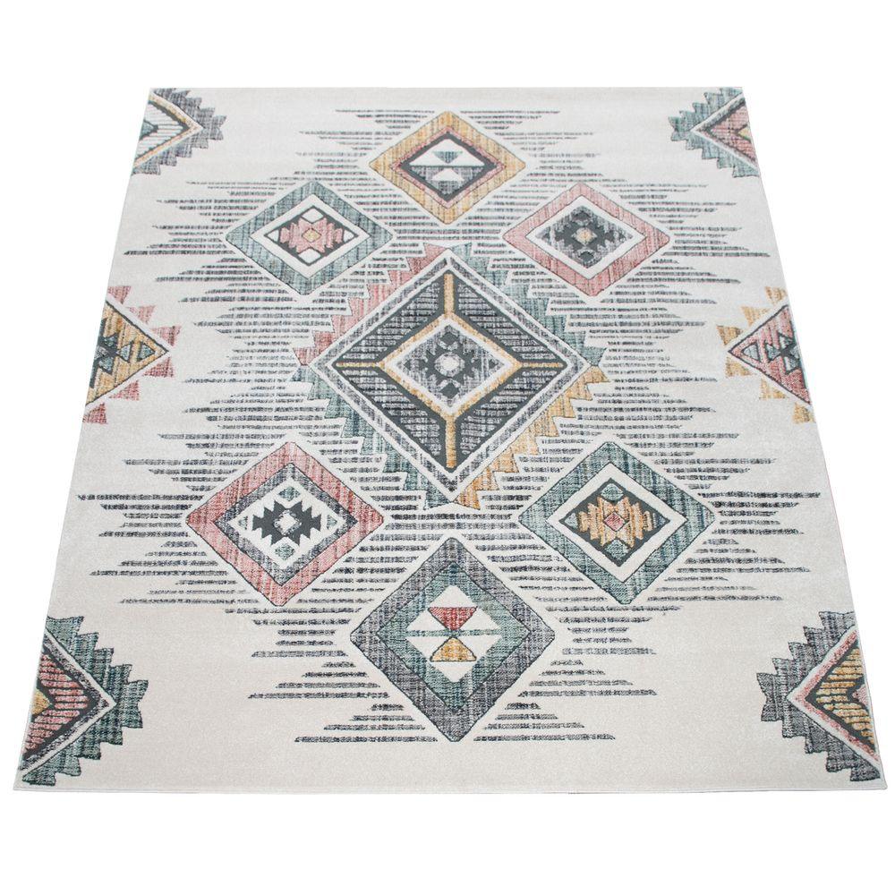 Modern Area Rug Ethnic Design with colorful Pattern in Cream