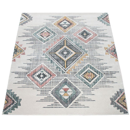 Modern Area Rug Ethnic Design with colorful Pattern in Cream