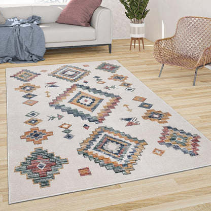 Modern Boho Rug with colorful Diamond Pattern in Cream