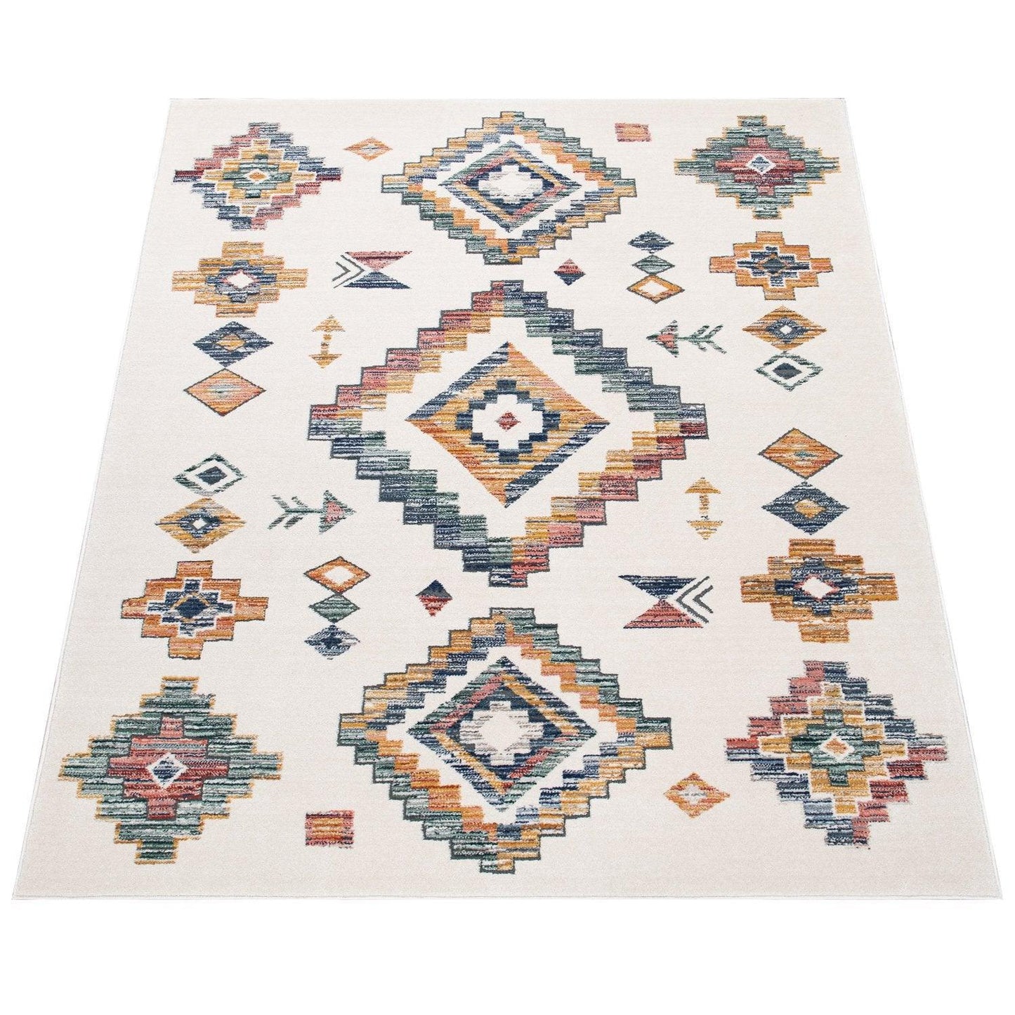 Modern Boho Rug with colorful Diamond Pattern in Cream