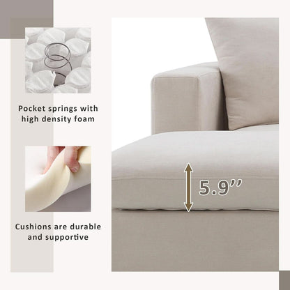 Modern L Shaped Beige Cloud Sofa With Convertible Ottoman
