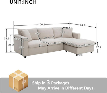 Modern L Shaped Beige Cloud Sofa With Convertible Ottoman