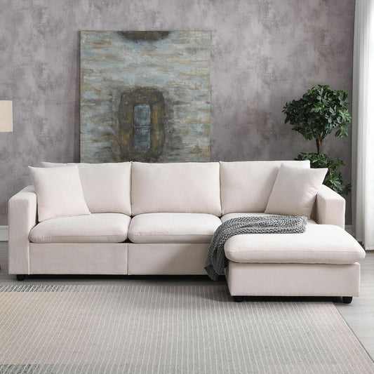 Modern L Shaped Beige Cloud Sofa With Convertible Ottoman