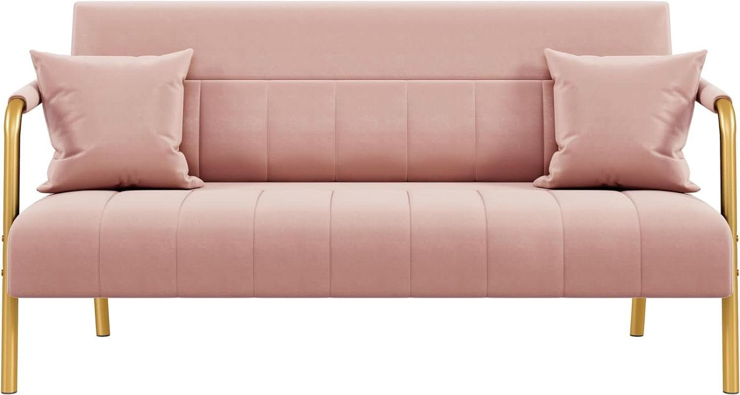 Modern Pink Velvet Sofa with Gold Arms for Living Room