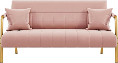 Modern Pink Velvet Sofa with Gold Arms for Living Room