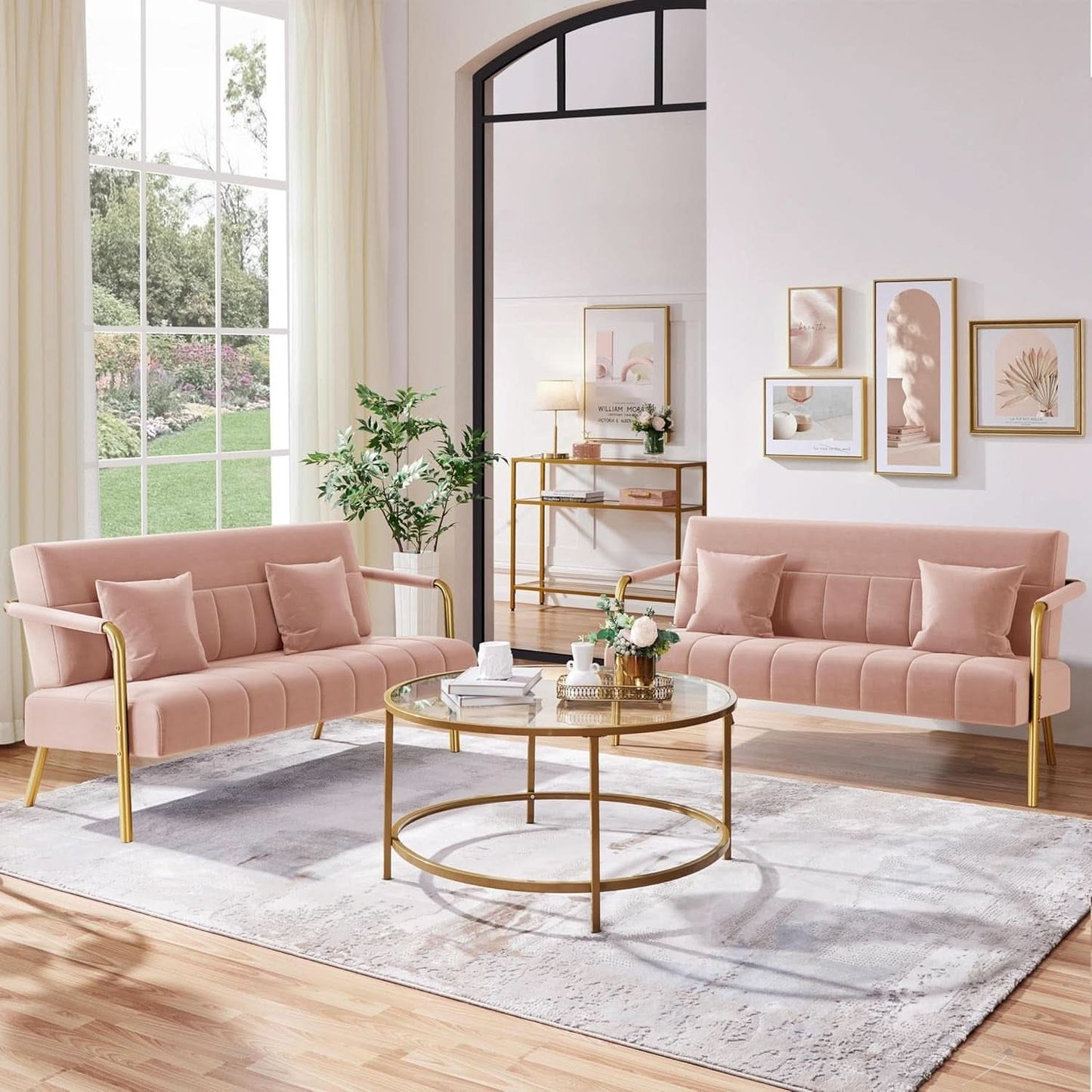 Modern Pink Velvet Sofa with Gold Arms for Living Room