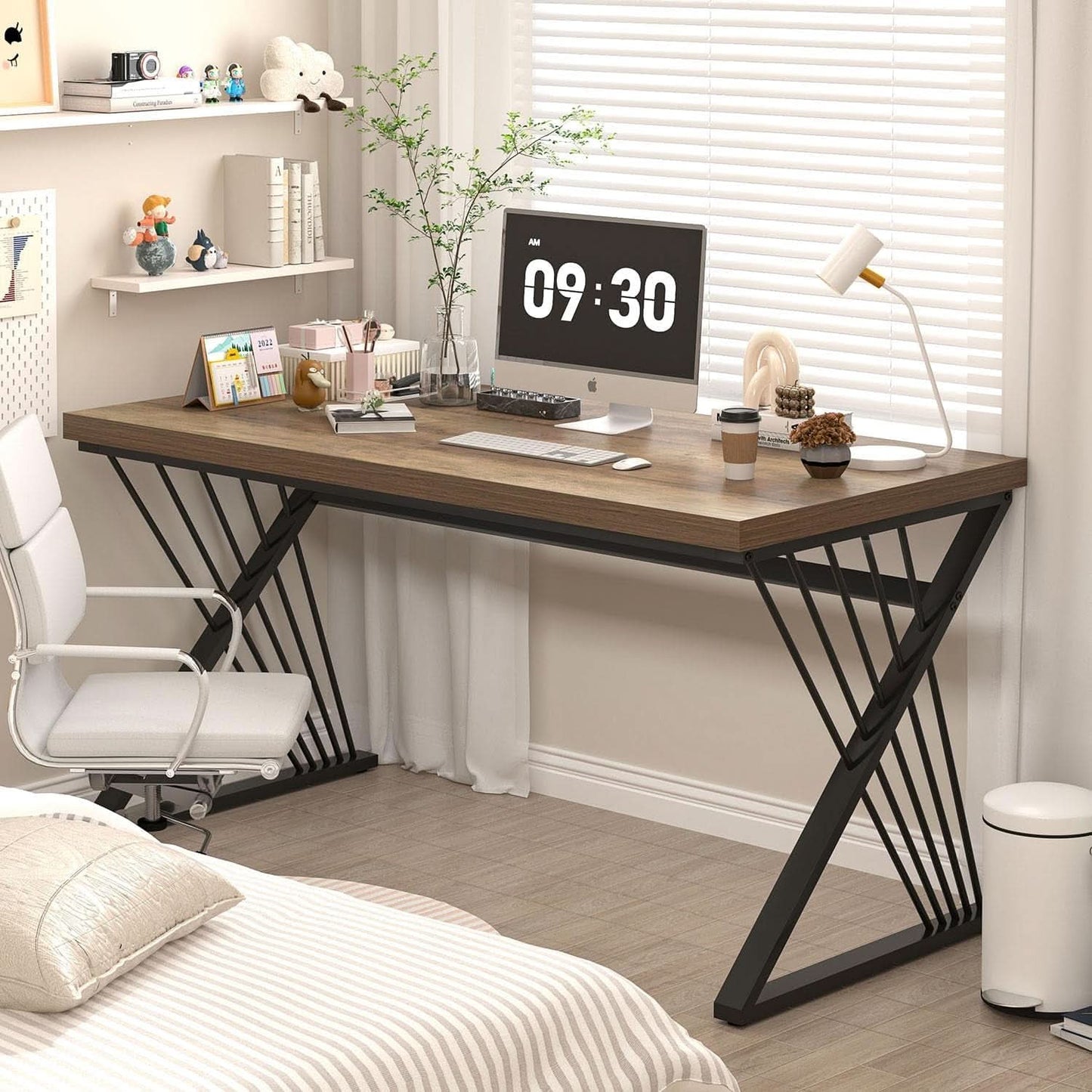 Modern Rustic Oak Computer Desk with Sturdy Metal Frame