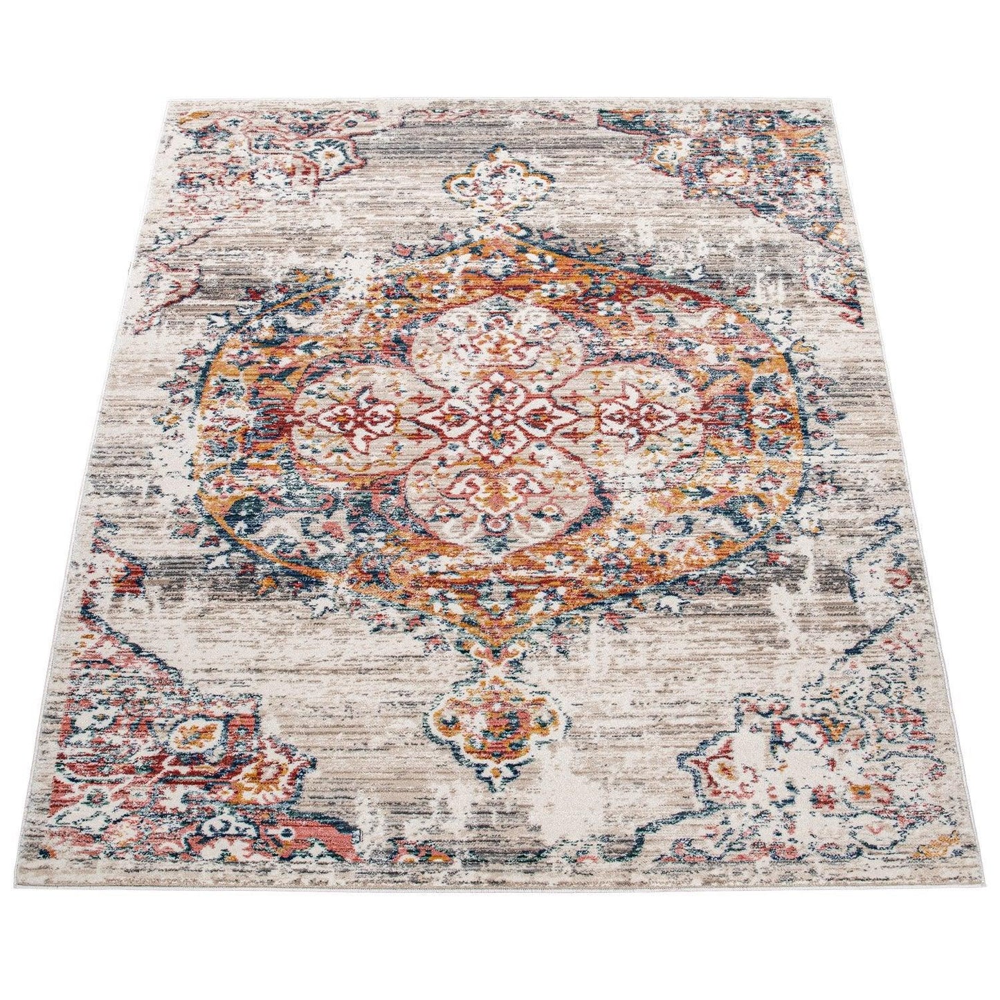 Modern Vintage Rug Oriental Look Abstract Beige Grey Orange