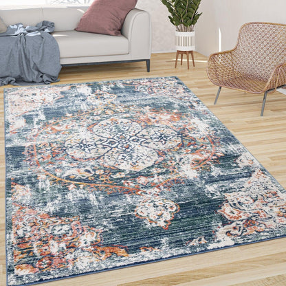 Modern Vintage Rug Oriental Look Abstract Blue Beige Red