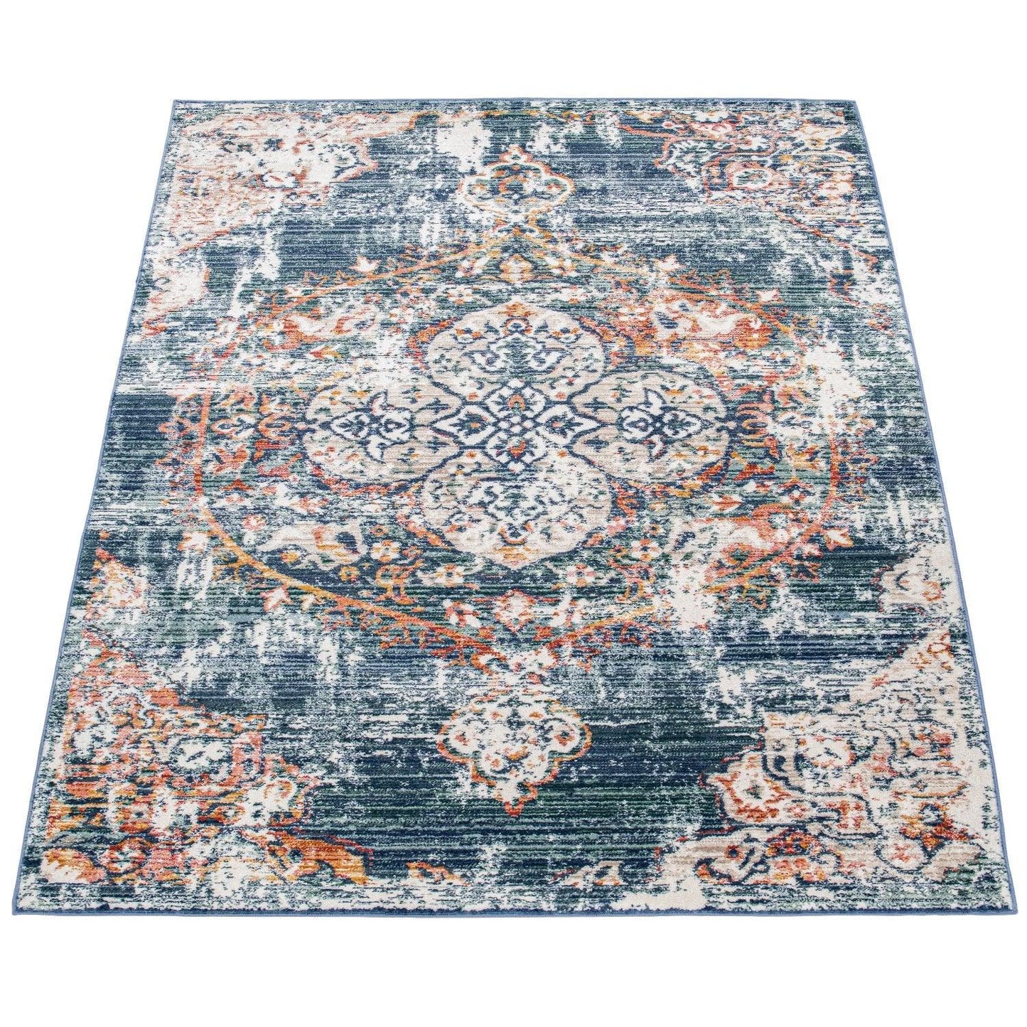 Modern Vintage Rug Oriental Look Abstract Blue Beige Red