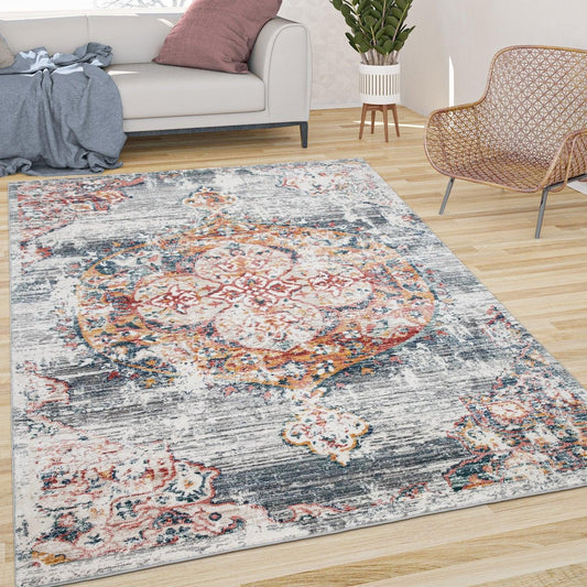Modern Vintage Rug Oriental Look Abstract Grey Red White