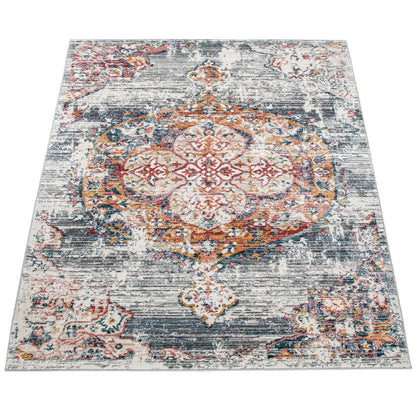 Modern Vintage Rug Oriental Look Abstract Grey Red White