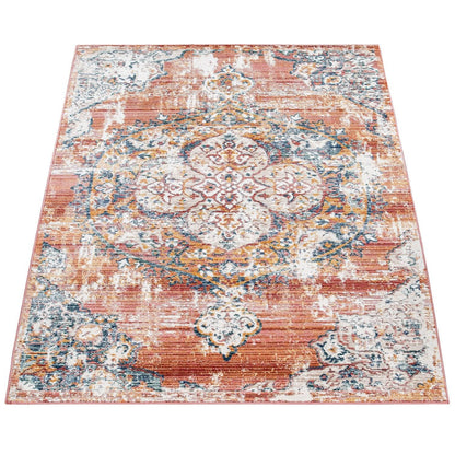 Modern Vintage Rug Oriental Look Abstract Red Blue White