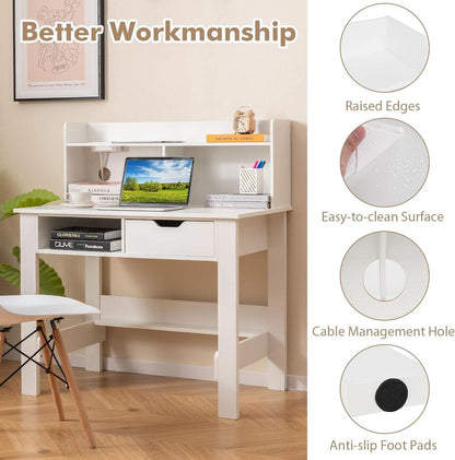 Modern White Computer Desk with Charging Ports and Storage