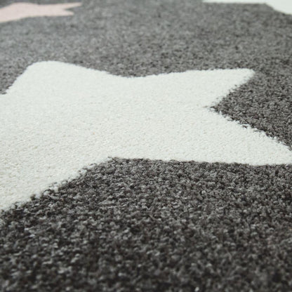 Nursery Rug for Kids in Grey with Pink White Pastel Stars