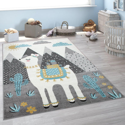 Nursery Rug For Kids Llama, Mountains in Grey Blue Cream