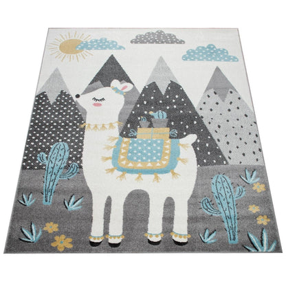 Nursery Rug For Kids Llama, Mountains in Grey Blue Cream
