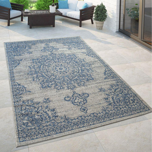 Outdoor Rug Blue Beige Oriental Design Floral Pattern Balcony Living Room