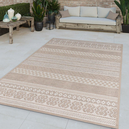Outdoor Rug for Patio or Balcony Modern flatweave Boho ornaments in Cream Beige