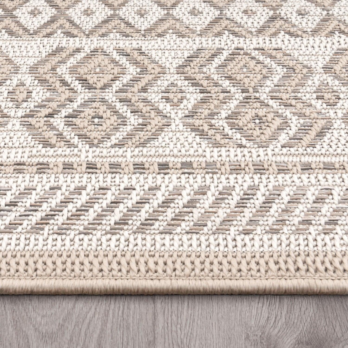 Outdoor Rug for Patio or Balcony Modern flatweave Boho ornaments in Cream Beige