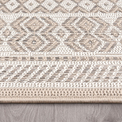Outdoor Rug for Patio or Balcony Modern flatweave Boho ornaments in Cream Beige
