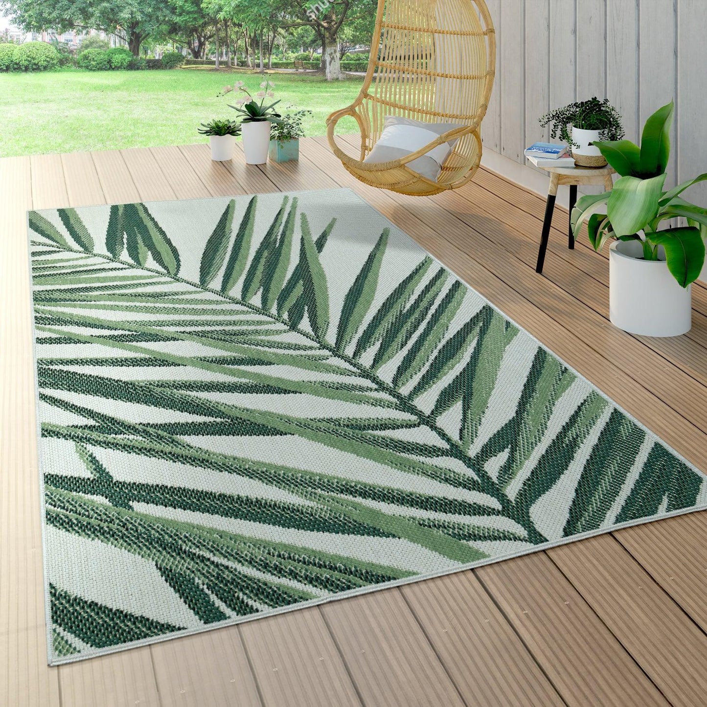 Outdoor Rug Green Beige with Palm Leaf Pattern for Patio Terrace Flat Weave