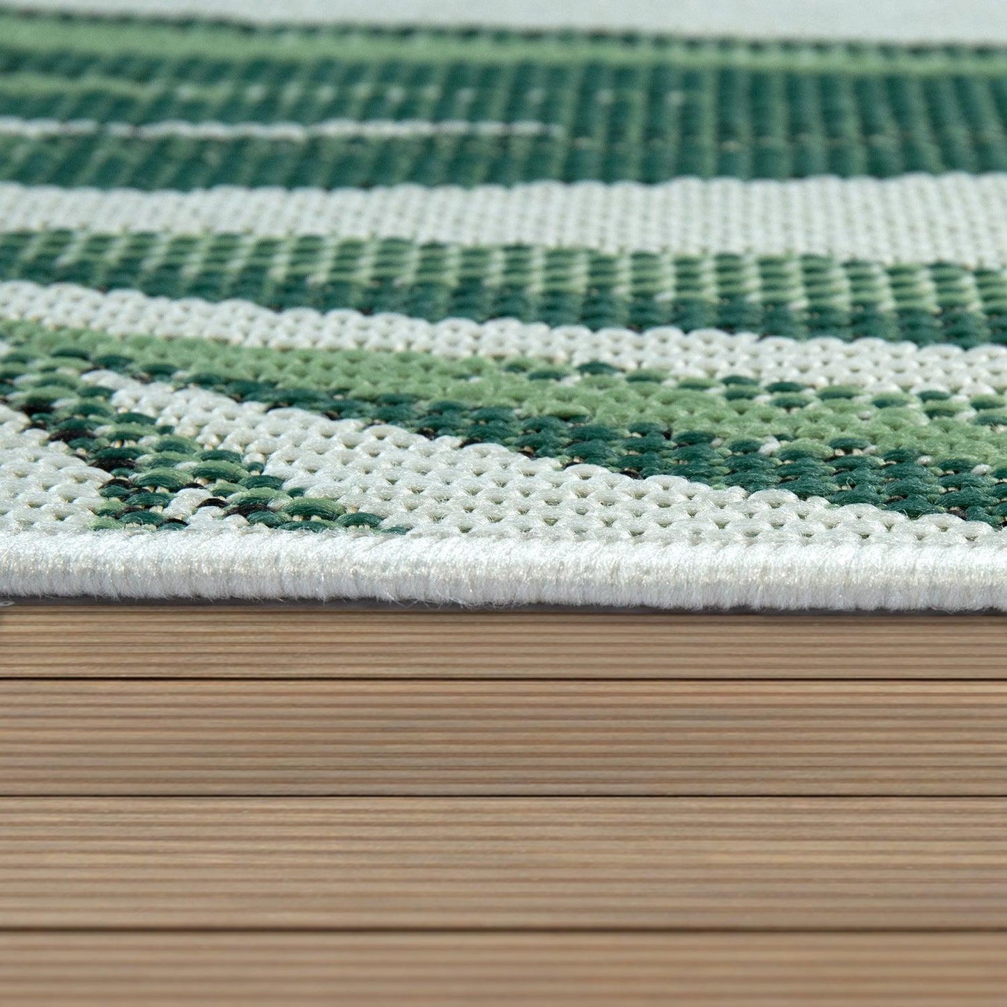 Outdoor Rug Green Beige with Palm Leaf Pattern for Patio Terrace Flat Weave