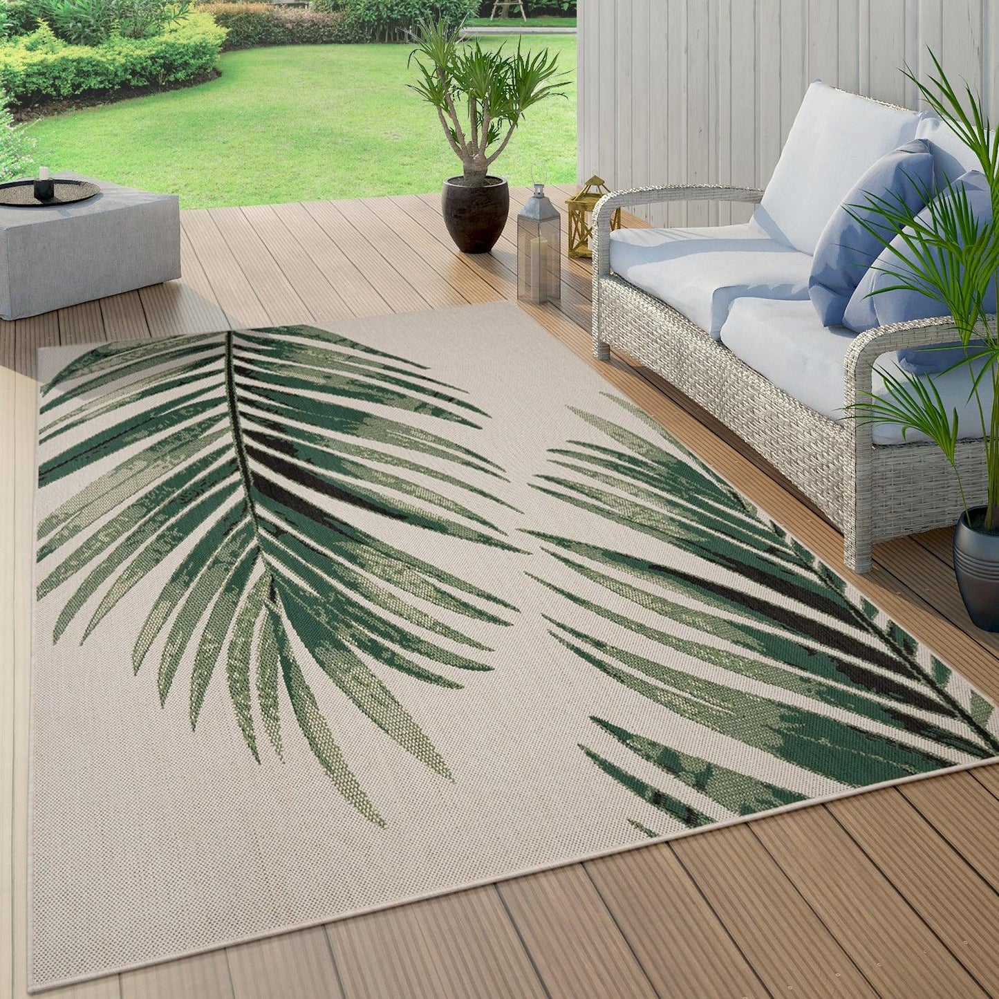 Outdoor Rug Ostende Palm Leaf Design Waterproof - Beige Green