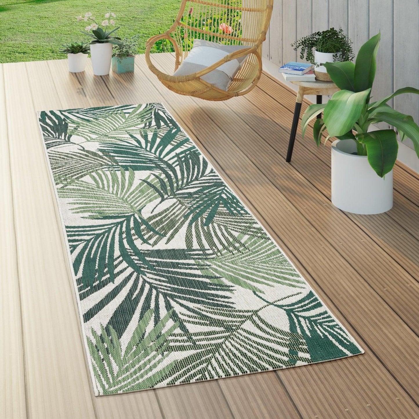 Outdoor Rug Ostende Palm Leaf Pattern - Green White