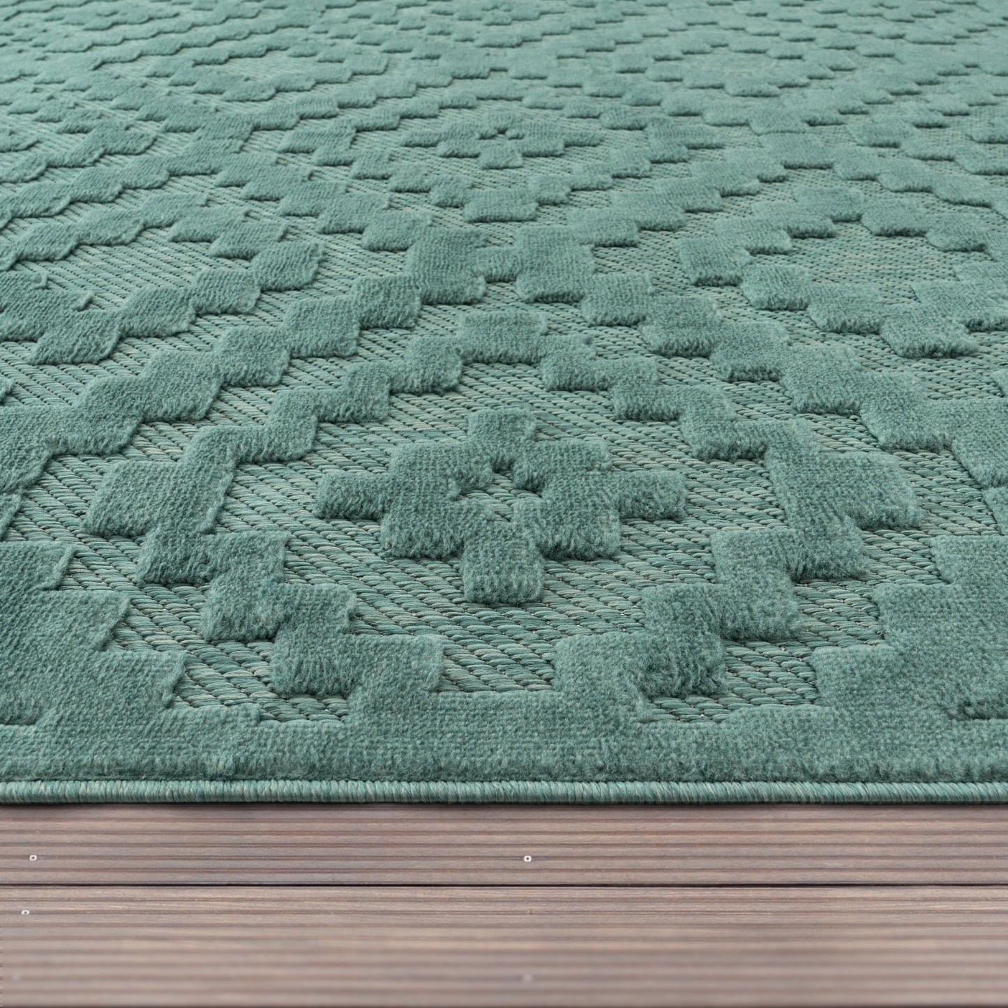 Indoor Outdoor Rug Livorno Trellis High-Low Pattern In Turquoise