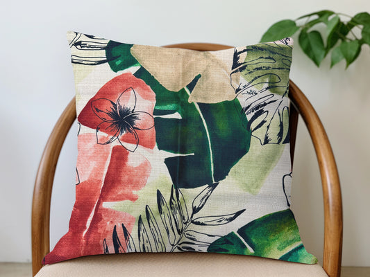 Linen Palm Pillow Cover - Pink and Green