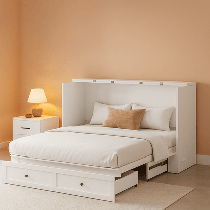 Queen Murphy Bed Cabinet With Storage And Charging Station Distressed White