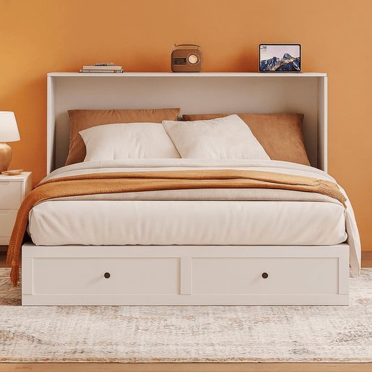 Queen Murphy Bed Cabinet With Storage And Charging Station Distressed White