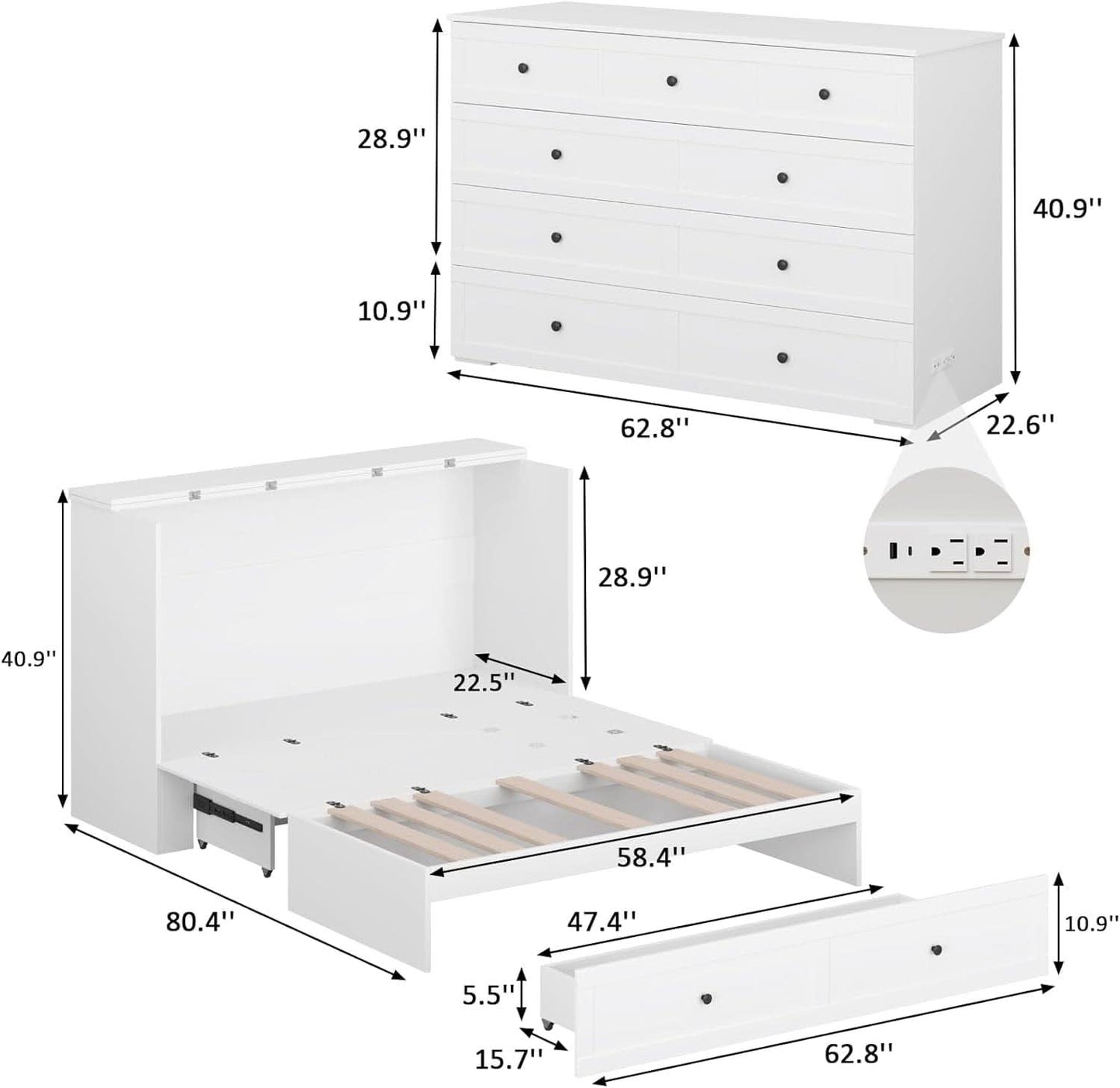 Queen Murphy Bed Cabinet With Storage And Charging Station Distressed White