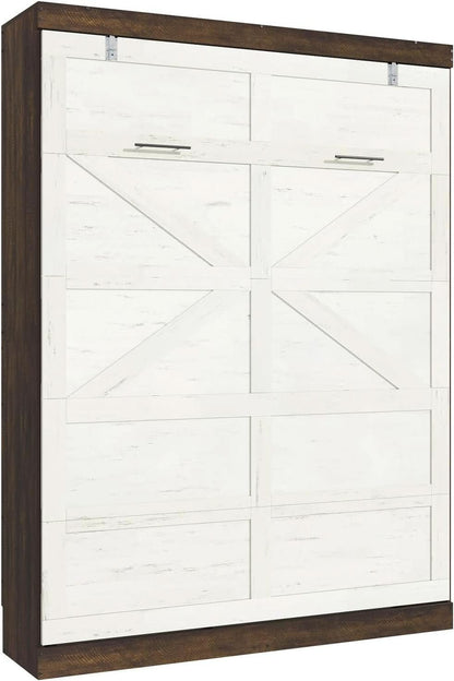 Queen Size Murphy Bed With LED Lights Rustic White Finish
