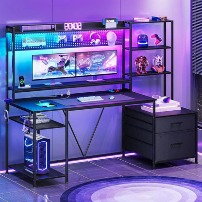 Reversible Gaming Desk with Power Outlets and LED Light
