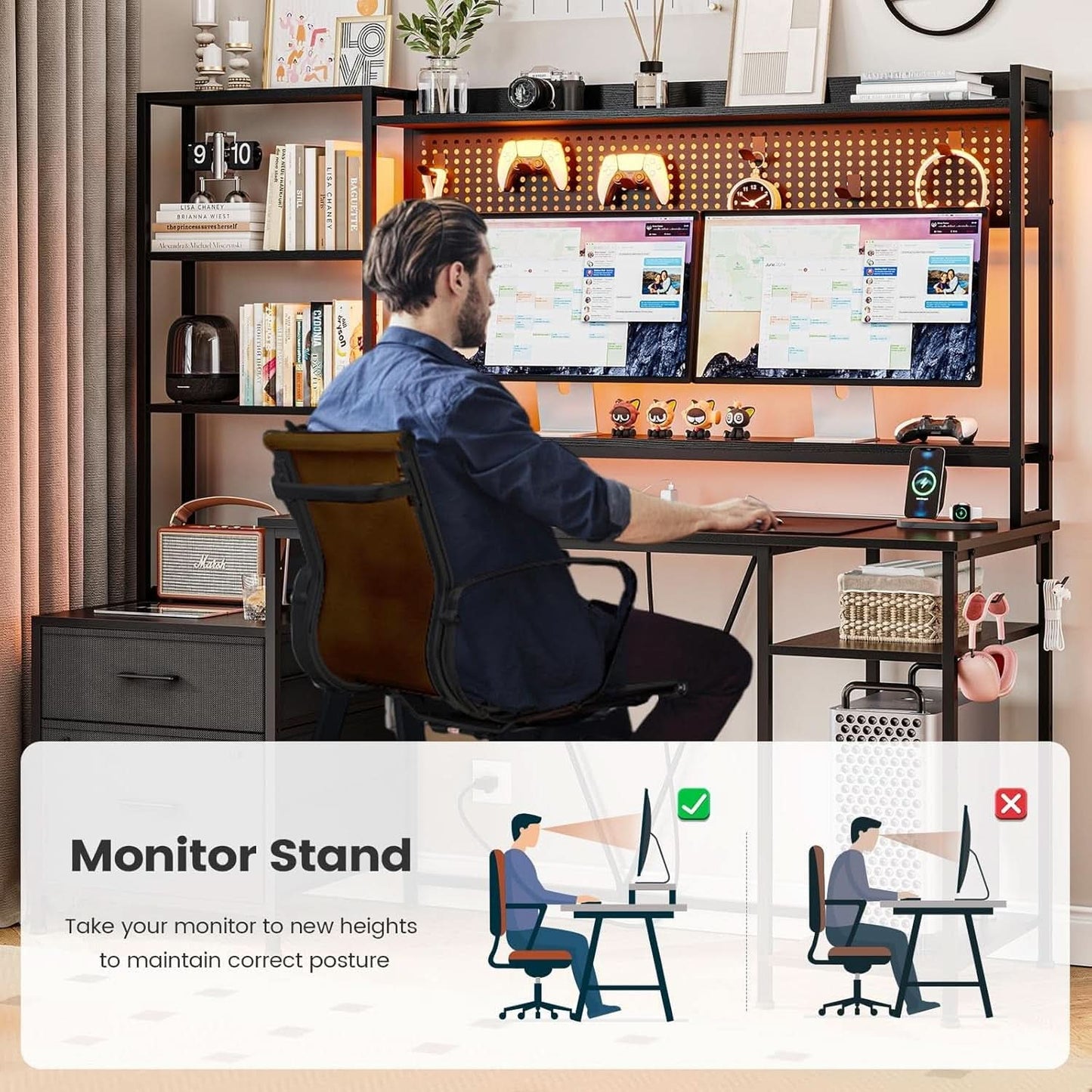 Reversible Gaming Desk with Power Outlets and LED Light