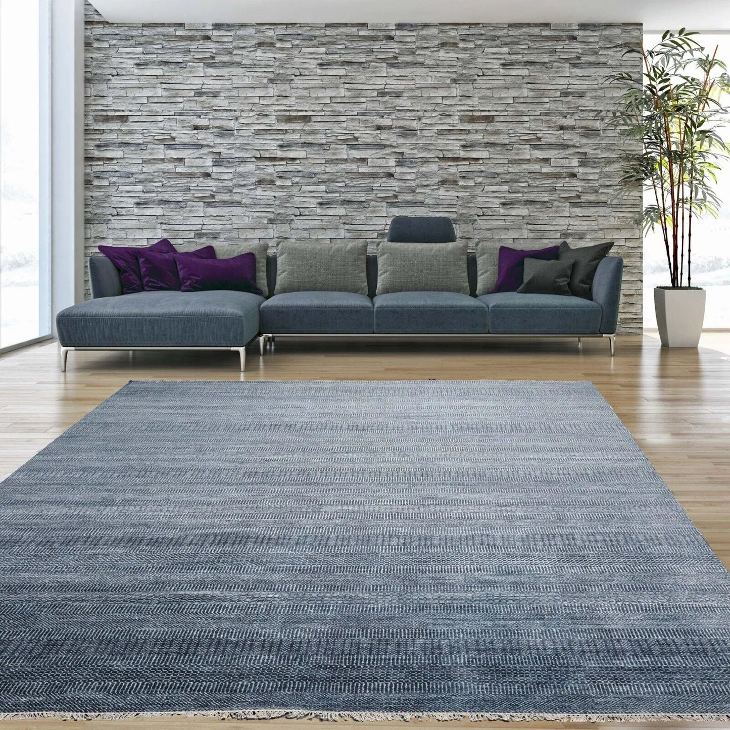 Multi Sizes Hand Knotted Wool and Silk  Modern & Contemporary  Oriental Area Rug Blue,Gray Color